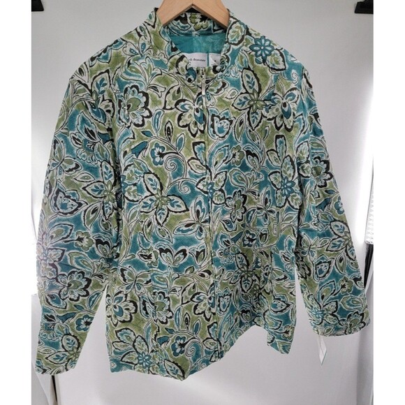 Alfred Dunner Women's Green Cotton Floral Long Sleeve Full Zip Jacket NWT - Picture 1 of 5